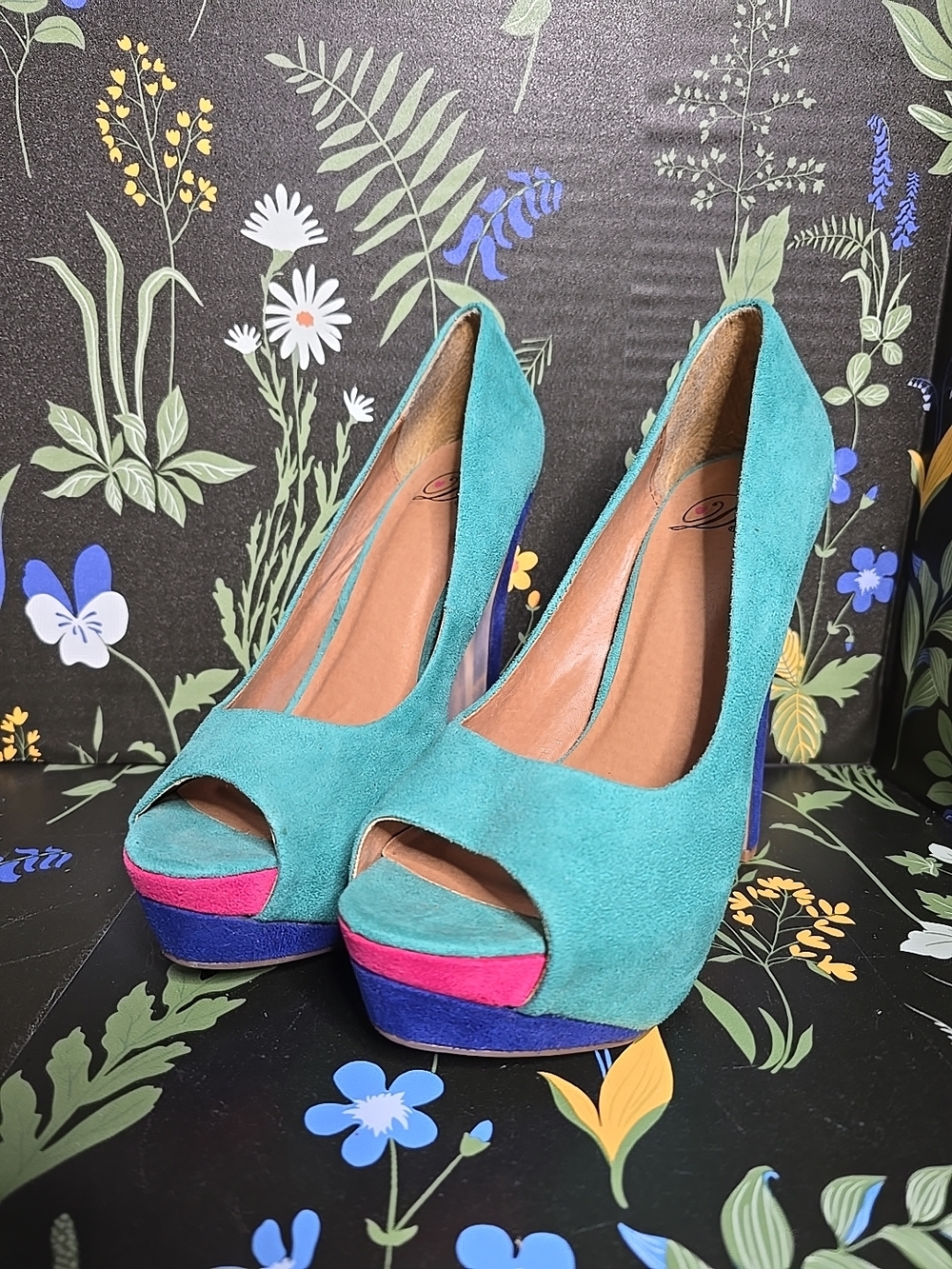 Teal Suede Peep-Toe Platform Heels with Color-Block Accent